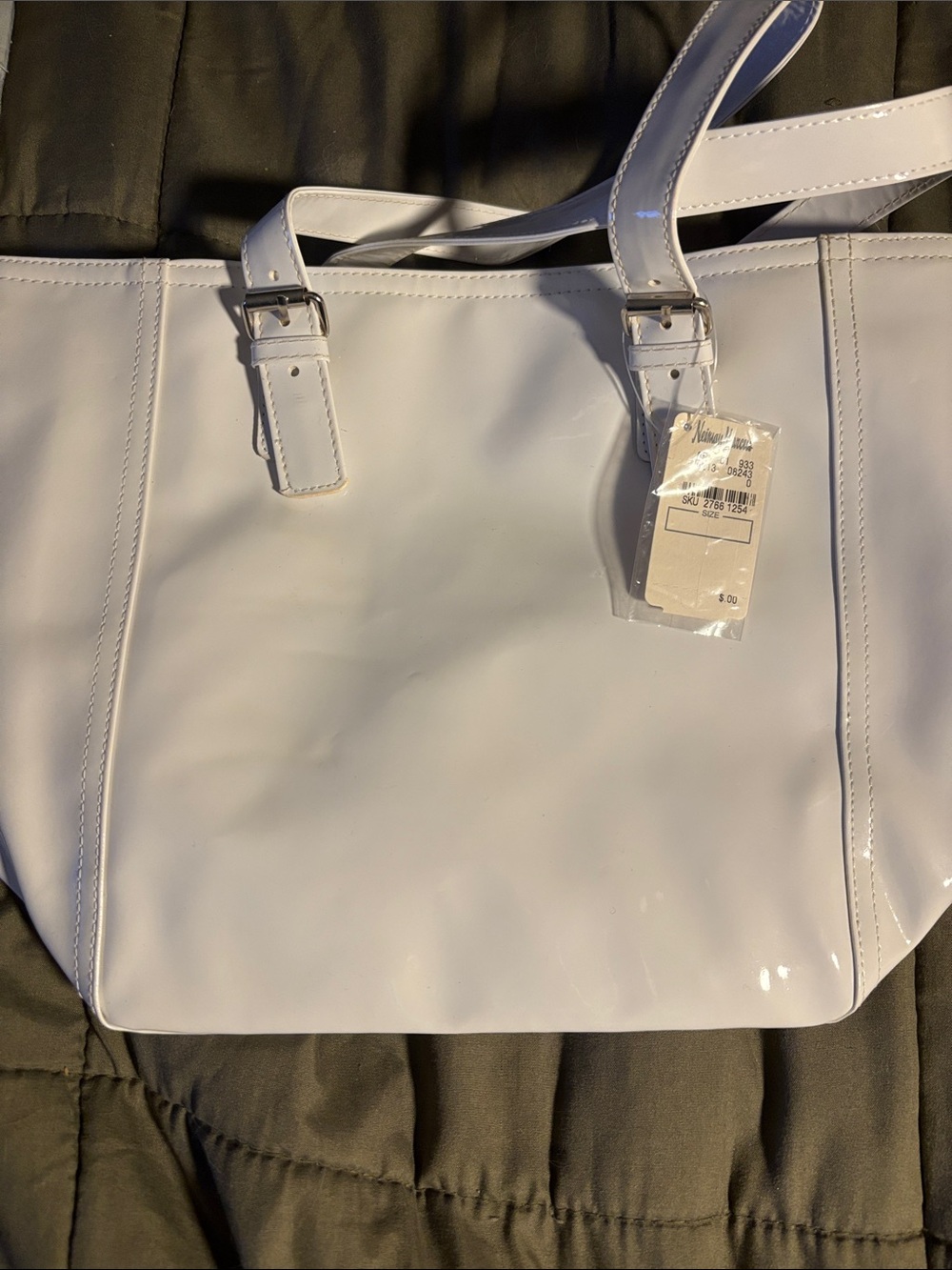 Neiman Marcus White Patent Tote with Buckle Straps